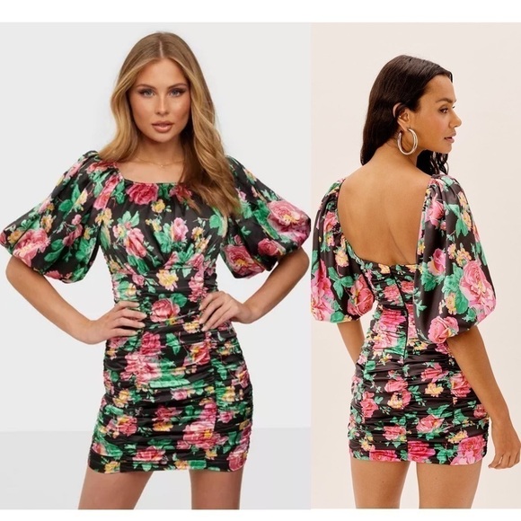 NWT FOR LOVE & LEMONS Floral Satin Puff Sleeve Open Back Ruched Bodycon Dress S - Picture 4 of 14